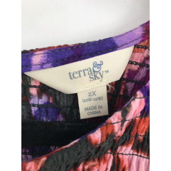 Terra & Sky Tiered Peasant Boho Smocked Midi Dress Purple Floral 2X NEW - Picture 4 of 6